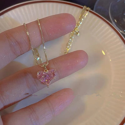 Fashion Trend Unique Design Elegant Delicate Pink Love Zircon Clavicle Necklace Women Charms Female Jewelry Party Gift