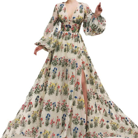 2023 New Dress Bohemian Retro Pattern Colorful Embroidered Sexy Loose Long Dress