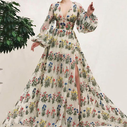 2023 New Dress Bohemian Retro Pattern Colorful Embroidered Sexy Loose Long Dress