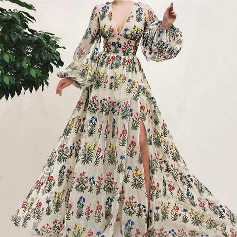 2023 New Dress Bohemian Retro Pattern Colorful Embroidered Sexy Loose Long Dress