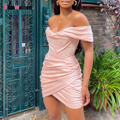 2023 Sexy Women Corset Dress Bodycon Satin Off Shoulder Mini Elegant Dress Slim Stretch Ruched Red Robes Club Party Dress Vestid