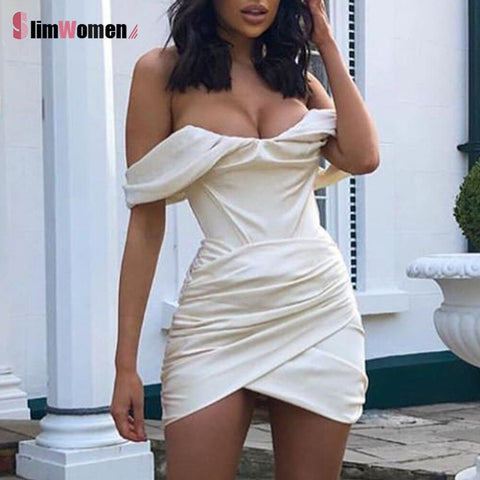 2023 Sexy Women Corset Dress Bodycon Satin Off Shoulder Mini Elegant Dress Slim Stretch Ruched Red Robes Club Party Dress Vestid