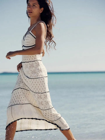 2023 Summer New Dress Women's Beach Style Knitted Slim Fit Slim Strap Long Dresses Color Knitted Hollow Elegant Tight Vestidos