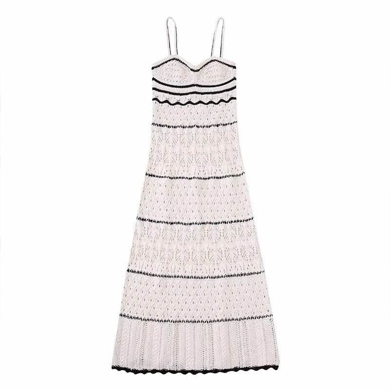 2023 Summer New Dress Women's Beach Style Knitted Slim Fit Slim Strap Long Dresses Color Knitted Hollow Elegant Tight Vestidos