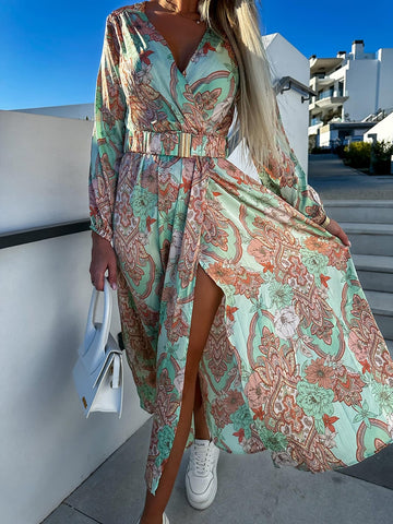 Boho Floral Print Long Dress Women Sexy Deep V-Neck Long Sleeve High Split Swing Dress with Belt Elegant Beach Dresses Vestidos