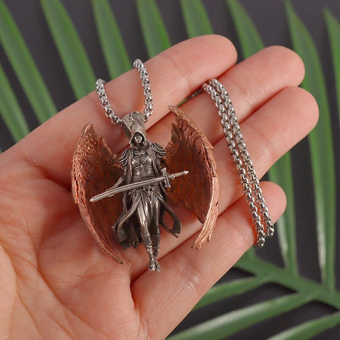 Classic Mythical Character Scarlet Wings Holy Sword Archangel Michael Pendant Necklace for Men Ladies Daily Cycling Wear Jewelry