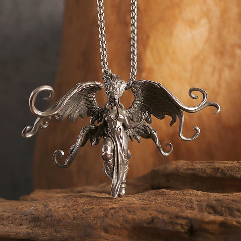Classic Mythical Character Scarlet Wings Holy Sword Archangel Michael Pendant Necklace for Men Ladies Daily Cycling Wear Jewelry