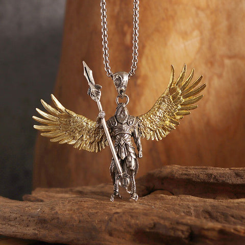 Classic Mythical Character Scarlet Wings Holy Sword Archangel Michael Pendant Necklace for Men Ladies Daily Cycling Wear Jewelry
