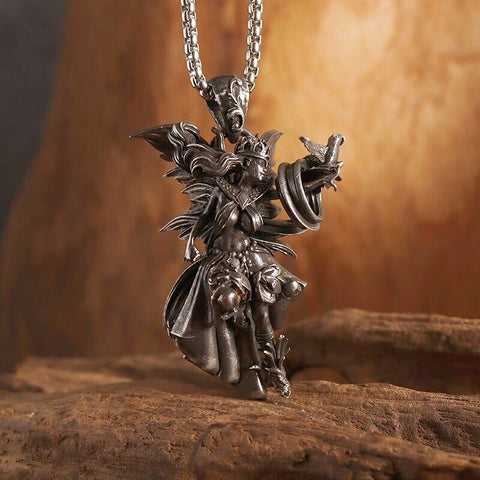 Classic Mythical Character Scarlet Wings Holy Sword Archangel Michael Pendant Necklace for Men Ladies Daily Cycling Wear Jewelry