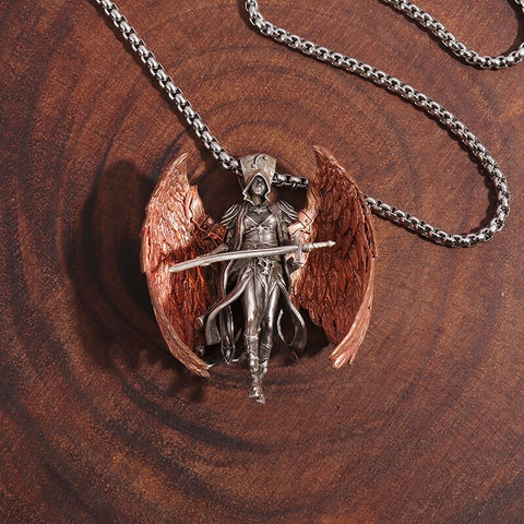 Classic Mythical Character Scarlet Wings Holy Sword Archangel Michael Pendant Necklace for Men Ladies Daily Cycling Wear Jewelry
