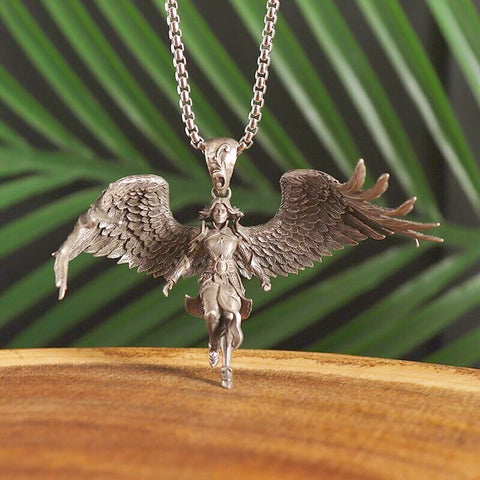 Classic Mythical Character Scarlet Wings Holy Sword Archangel Michael Pendant Necklace for Men Ladies Daily Cycling Wear Jewelry
