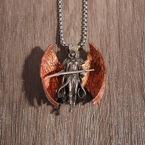 Classic Mythical Character Scarlet Wings Holy Sword Archangel Michael Pendant Necklace for Men Ladies Daily Cycling Wear Jewelry