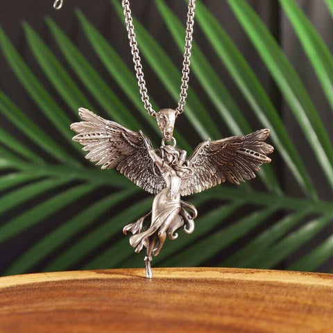 Classic Mythical Character Scarlet Wings Holy Sword Archangel Michael Pendant Necklace for Men Ladies Daily Cycling Wear Jewelry