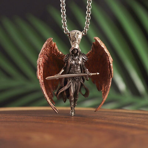 Classic Mythical Character Scarlet Wings Holy Sword Archangel Michael Pendant Necklace for Men Ladies Daily Cycling Wear Jewelry
