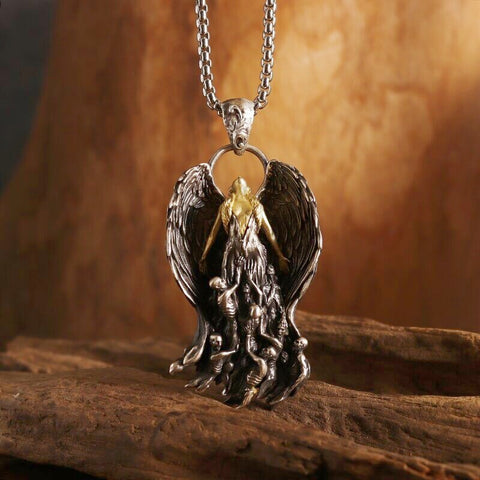 Classic Mythical Character Scarlet Wings Holy Sword Archangel Michael Pendant Necklace for Men Ladies Daily Cycling Wear Jewelry
