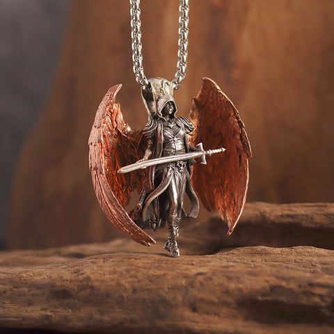 Classic Mythical Character Scarlet Wings Holy Sword Archangel Michael Pendant Necklace for Men Ladies Daily Cycling Wear Jewelry