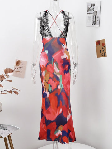 Elegant Tie Dye Floral Chiffon Dress For Women 2023 Summer Sexy Bandage Backless Lace Long Dresses Female Beach Evening Robe