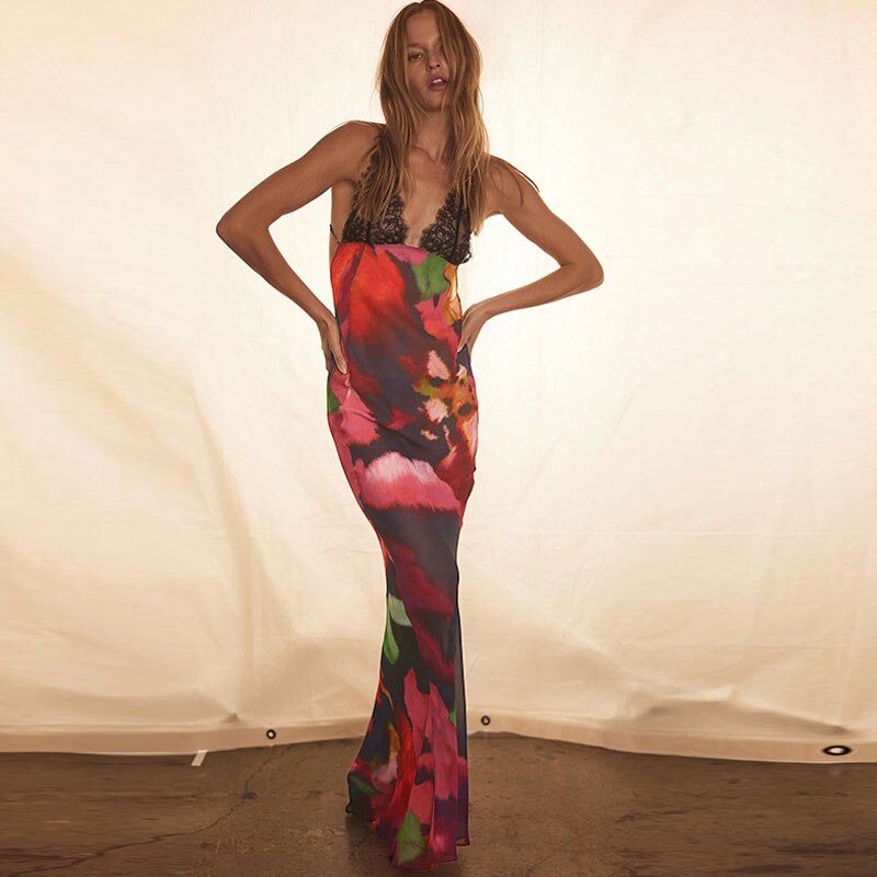 Elegant Tie Dye Floral Chiffon Dress For Women 2023 Summer Sexy Bandage Backless Lace Long Dresses Female Beach Evening Robe