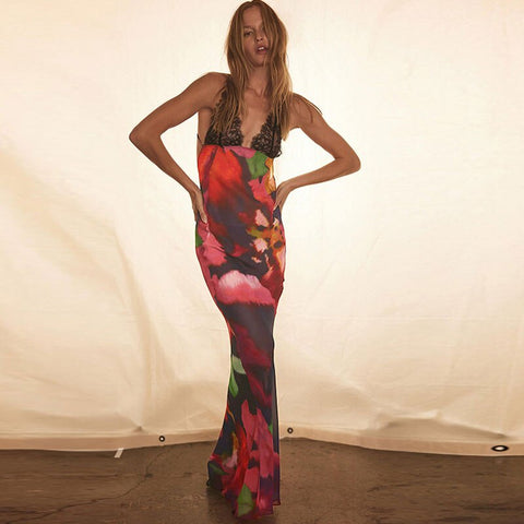 Elegant Tie Dye Floral Chiffon Dress For Women 2023 Summer Sexy Bandage Backless Lace Long Dresses Female Beach Evening Robe