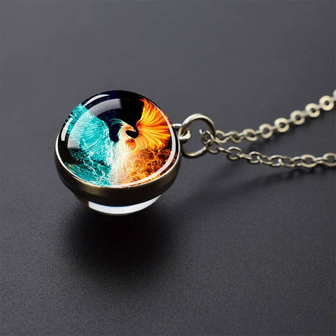 Ice and Fire Phoenix  Aurora Necklaces Double Sided Glass Ball Pendant Fashion Chains Necklace Women Men Cool Jewelry