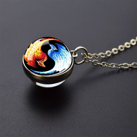 Ice and Fire Phoenix  Aurora Necklaces Double Sided Glass Ball Pendant Fashion Chains Necklace Women Men Cool Jewelry