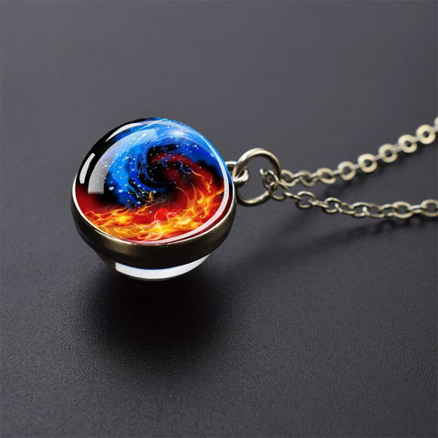 Ice and Fire Phoenix  Aurora Necklaces Double Sided Glass Ball Pendant Fashion Chains Necklace Women Men Cool Jewelry