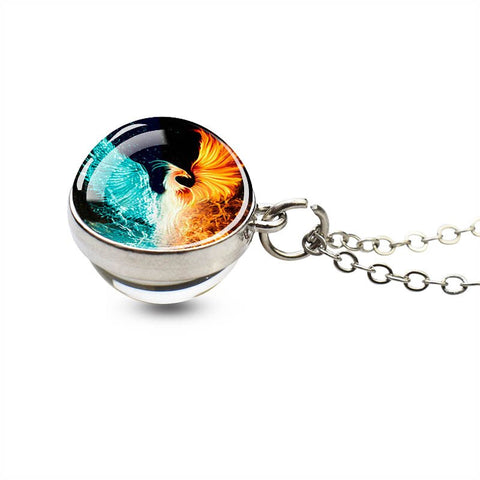 Ice and Fire Phoenix  Aurora Necklaces Double Sided Glass Ball Pendant Fashion Chains Necklace Women Men Cool Jewelry