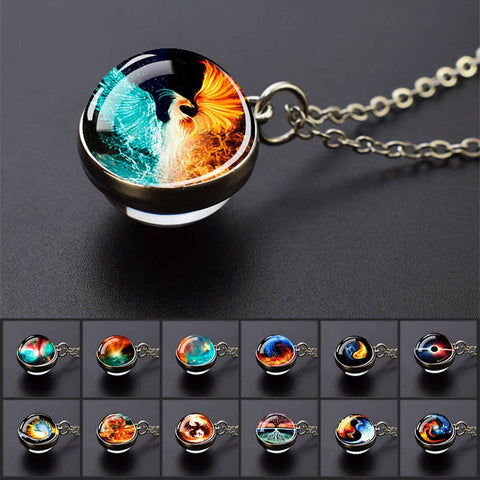 Ice and Fire Phoenix  Aurora Necklaces Double Sided Glass Ball Pendant Fashion Chains Necklace Women Men Cool Jewelry