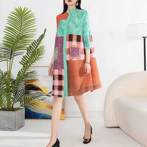Miyake Pleated Denim Plaid Printed Dress Women 2023 Spring Summer New Cardigan Single Breasted Loose Plus Size Long Dress Coats