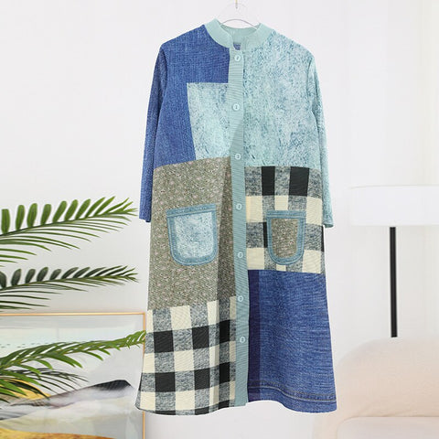 Miyake Pleated Denim Plaid Printed Dress Women 2023 Spring Summer New Cardigan Single Breasted Loose Plus Size Long Dress Coats