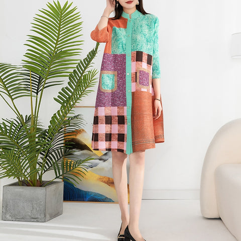 Miyake Pleated Denim Plaid Printed Dress Women 2023 Spring Summer New Cardigan Single Breasted Loose Plus Size Long Dress Coats