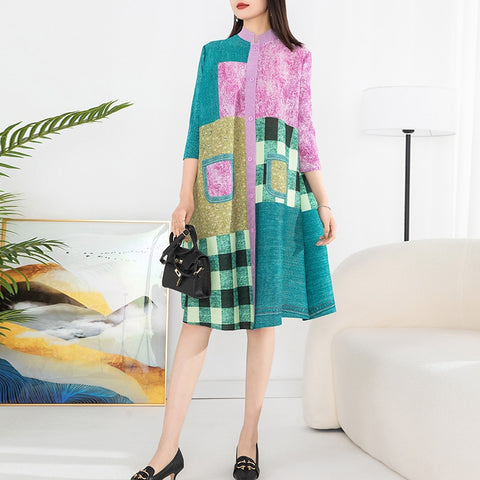 Miyake Pleated Denim Plaid Printed Dress Women 2023 Spring Summer New Cardigan Single Breasted Loose Plus Size Long Dress Coats