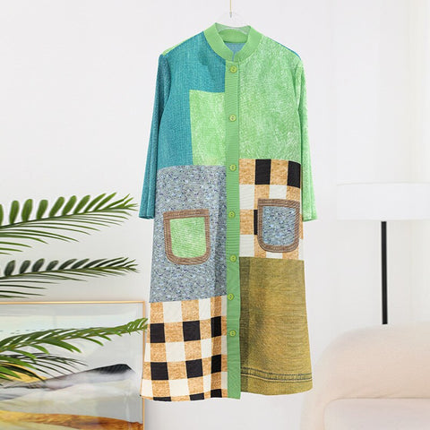 Miyake Pleated Denim Plaid Printed Dress Women 2023 Spring Summer New Cardigan Single Breasted Loose Plus Size Long Dress Coats