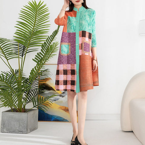 Miyake Pleated Denim Plaid Printed Dress Women 2023 Spring Summer New Cardigan Single Breasted Loose Plus Size Long Dress Coats