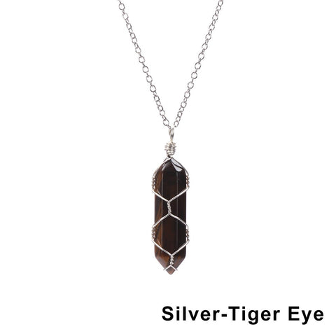Natural Hexagonal Bullet Shape Agates Tiger Eye Clear Quartzs Stone Pendant Necklace for Women Wire Wrap Crystal Jewelry Gift