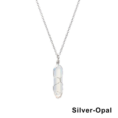 Natural Hexagonal Bullet Shape Agates Tiger Eye Clear Quartzs Stone Pendant Necklace for Women Wire Wrap Crystal Jewelry Gift
