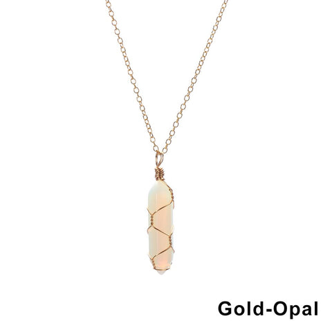 Natural Hexagonal Bullet Shape Agates Tiger Eye Clear Quartzs Stone Pendant Necklace for Women Wire Wrap Crystal Jewelry Gift