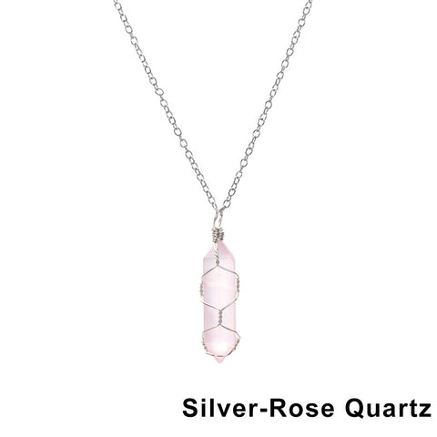 Natural Hexagonal Bullet Shape Agates Tiger Eye Clear Quartzs Stone Pendant Necklace for Women Wire Wrap Crystal Jewelry Gift