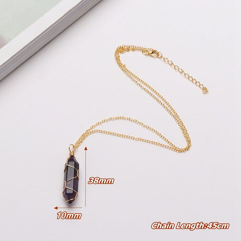 Natural Hexagonal Bullet Shape Agates Tiger Eye Clear Quartzs Stone Pendant Necklace for Women Wire Wrap Crystal Jewelry Gift