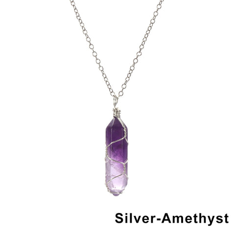Natural Hexagonal Bullet Shape Agates Tiger Eye Clear Quartzs Stone Pendant Necklace for Women Wire Wrap Crystal Jewelry Gift