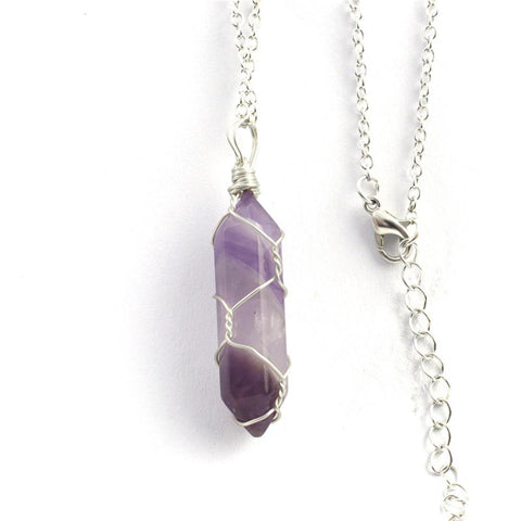 Natural Hexagonal Bullet Shape Agates Tiger Eye Clear Quartzs Stone Pendant Necklace for Women Wire Wrap Crystal Jewelry Gift