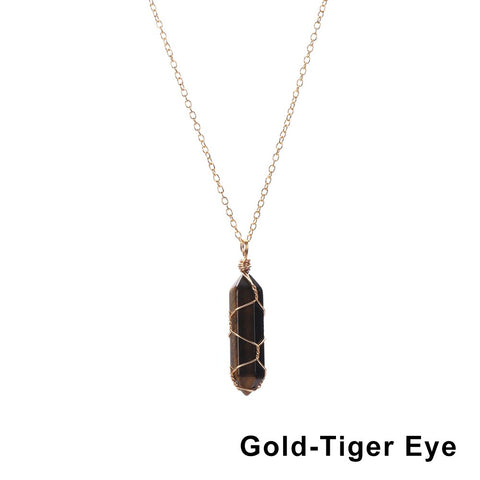 Natural Hexagonal Bullet Shape Agates Tiger Eye Clear Quartzs Stone Pendant Necklace for Women Wire Wrap Crystal Jewelry Gift