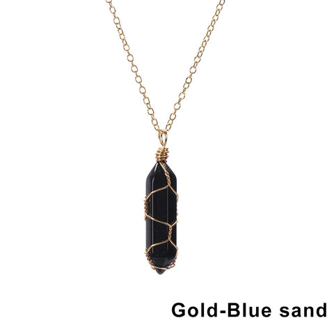 Natural Hexagonal Bullet Shape Agates Tiger Eye Clear Quartzs Stone Pendant Necklace for Women Wire Wrap Crystal Jewelry Gift
