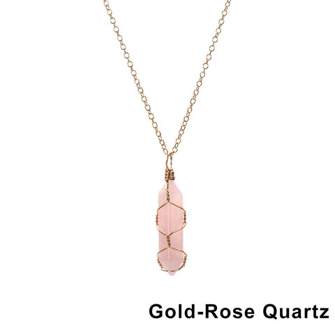 Natural Hexagonal Bullet Shape Agates Tiger Eye Clear Quartzs Stone Pendant Necklace for Women Wire Wrap Crystal Jewelry Gift