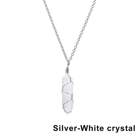 Natural Hexagonal Bullet Shape Agates Tiger Eye Clear Quartzs Stone Pendant Necklace for Women Wire Wrap Crystal Jewelry Gift