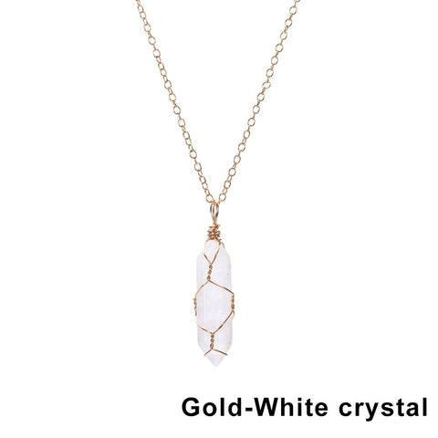 Natural Hexagonal Bullet Shape Agates Tiger Eye Clear Quartzs Stone Pendant Necklace for Women Wire Wrap Crystal Jewelry Gift
