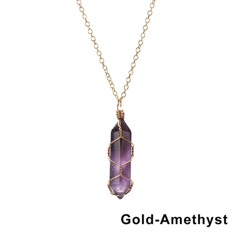 Natural Hexagonal Bullet Shape Agates Tiger Eye Clear Quartzs Stone Pendant Necklace for Women Wire Wrap Crystal Jewelry Gift