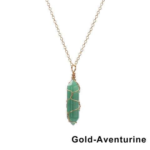 Natural Hexagonal Bullet Shape Agates Tiger Eye Clear Quartzs Stone Pendant Necklace for Women Wire Wrap Crystal Jewelry Gift
