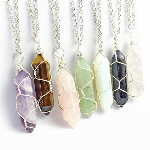 Natural Hexagonal Bullet Shape Agates Tiger Eye Clear Quartzs Stone Pendant Necklace for Women Wire Wrap Crystal Jewelry Gift