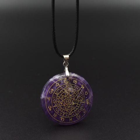 Natural obsidian pendant Necklace  Solomon amulet pendant Solomon magic circle aura runes Natural Amethyst Pendant Necklace